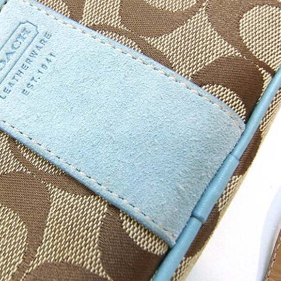 Coach Waist Bag Signature Khaki Light Blue Canvas Leather Hip Pouch Body Wome...